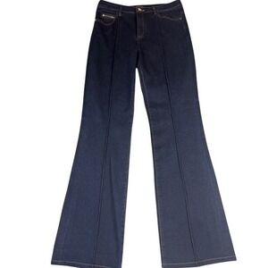 Etcetera Women 31 Dark Wash Pintuck Flare Jeans Gold Hardware Wide Leg Denim